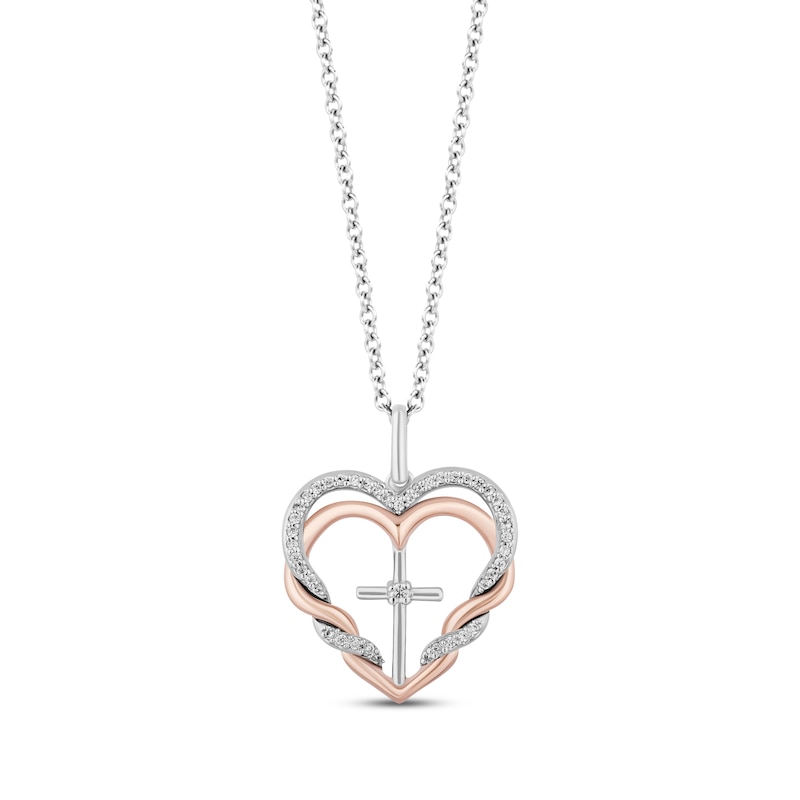 Main Image 1 of Hallmark Diamonds Double Heart & Cross Necklace 1/8 ct tw Sterling Silver & 10K Rose Gold 18"