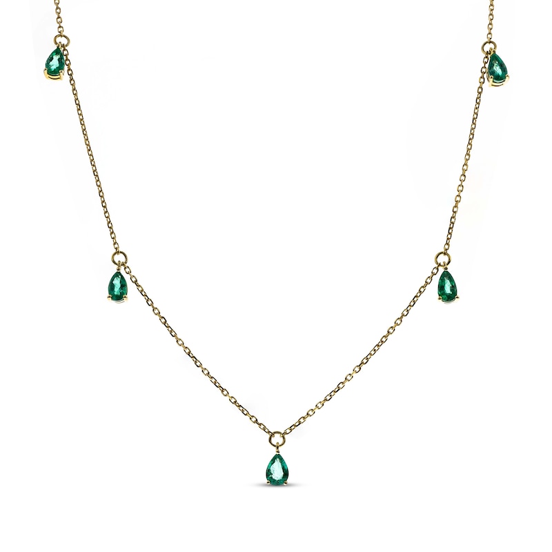 Main Image 1 of Pear-Shaped Emerald Dangle Station Necklace 10K Yellow Gold 18"