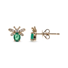 Oval-Cut Emerald & Diamond Bee Earrings 1/15 ct tw 10K Yellow Gold