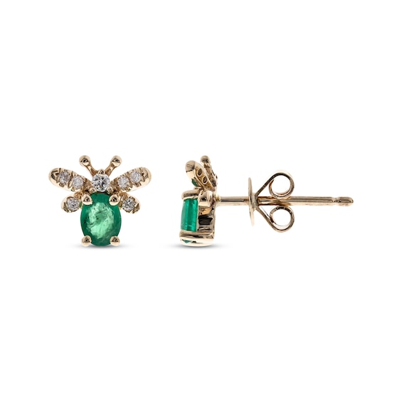 Oval-Cut Emerald & Diamond Bee Earrings 1/15 ct tw 10K Yellow Gold