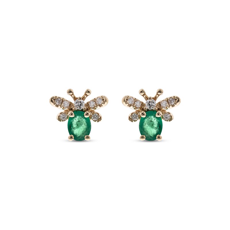Main Image 2 of Oval-Cut Emerald & Diamond Bee Earrings 1/15 ct tw 10K Yellow Gold