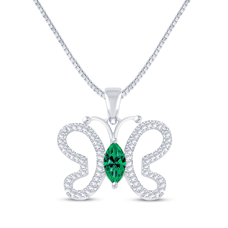 Marquise-Cut Lab-Created Emerald & Diamond Butterfly Necklace Sterling Silver 18"