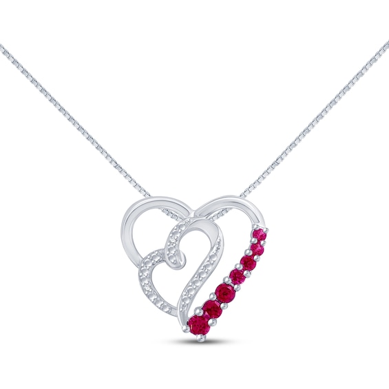 Lab-Created Ruby & Diamond Double Heart Necklace Sterling Silver 18"