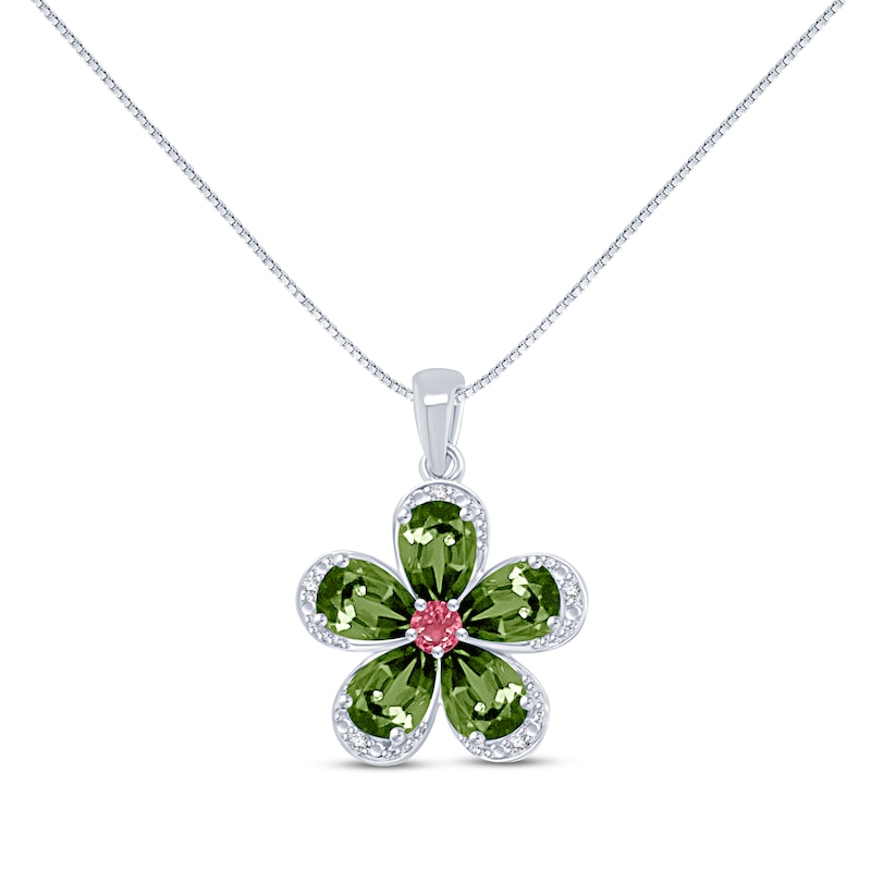 Pear-Shaped Green Tourmaline, Pink Tourmaline & Diamond Flower Necklace Sterling Silver 18"