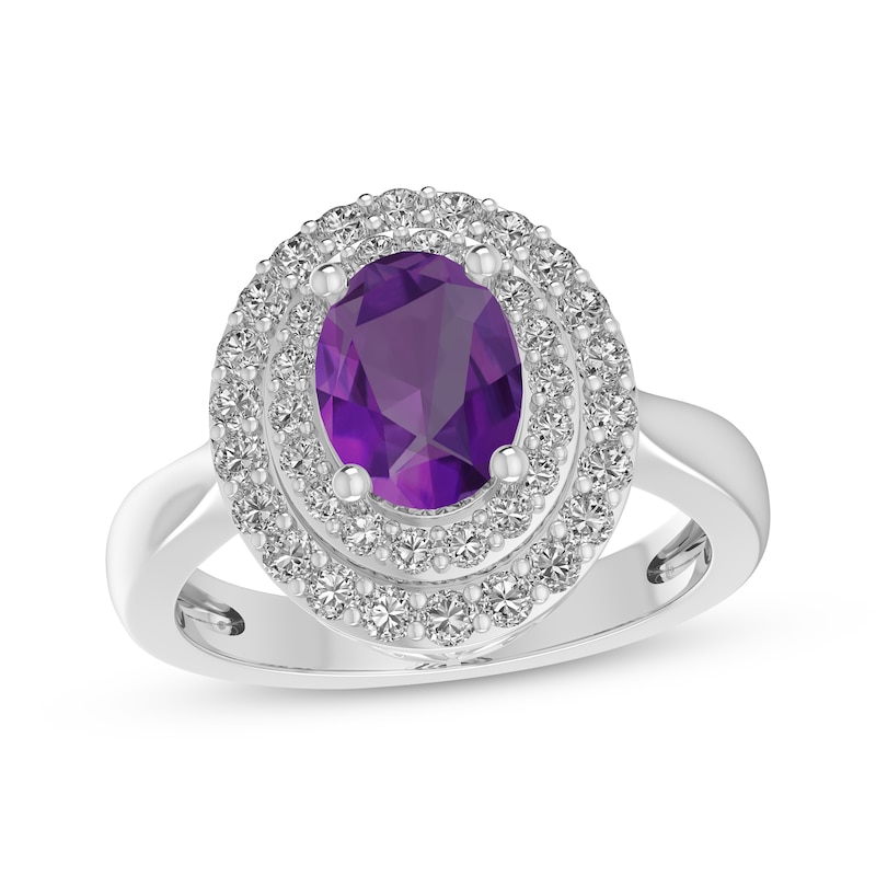Oval-Cut Amethyst & White Topaz Double Halo Ring Sterling Silver