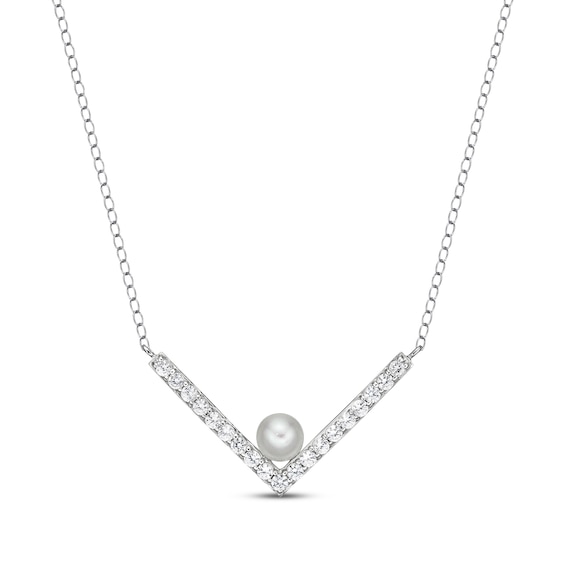 Cultured Pearl & White Lab-Created Sapphire Chevron Necklace Sterling Silver 18"