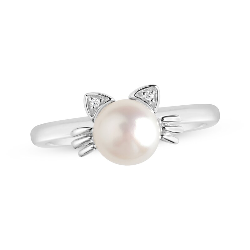 Main Image 1 of Cultured Pearl & White Lab-Created Sapphire Cat Ring Sterling Silver
