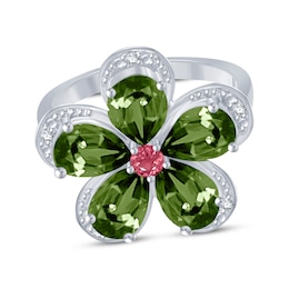 Pear-Shaped Green Tourmaline, Pink Tourmaline & Diamond Ring Sterling Silver