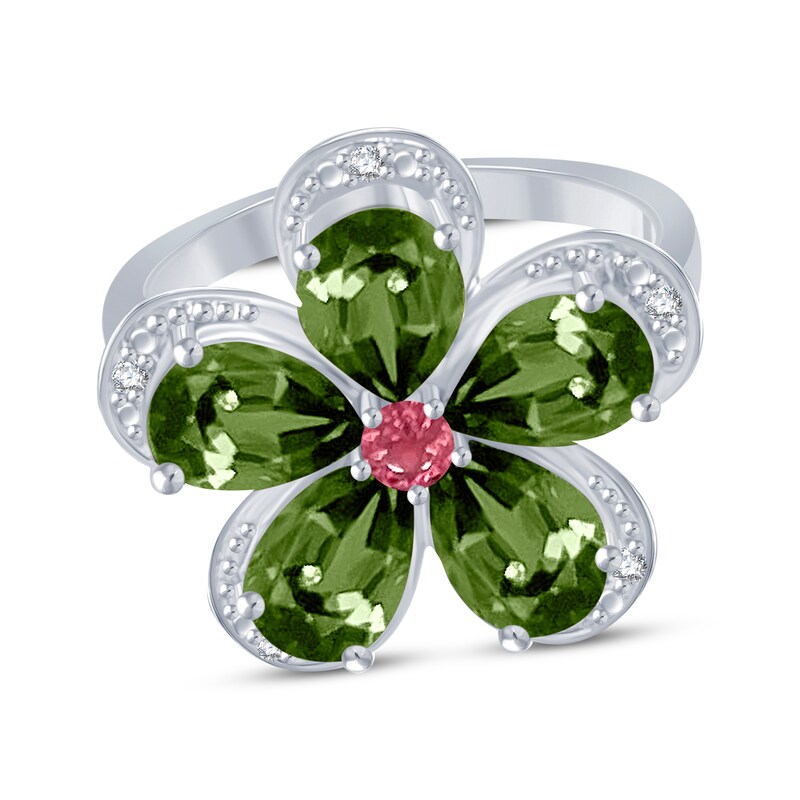 Main Image 1 of Pear-Shaped Green Tourmaline, Pink Tourmaline & Diamond Ring Sterling Silver