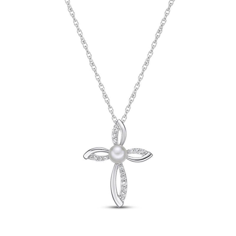 Main Image 1 of Cultured Pearl & White Lab-Created Sapphire Cross Necklace Sterling Silver 18"