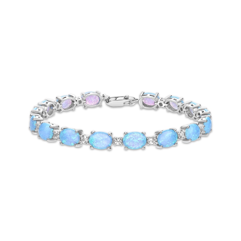 Main Image 1 of Oval-Cut Blue Lab-Created Opal & White Lab-Created Sapphire Bracelet Sterling Silver 7.25"