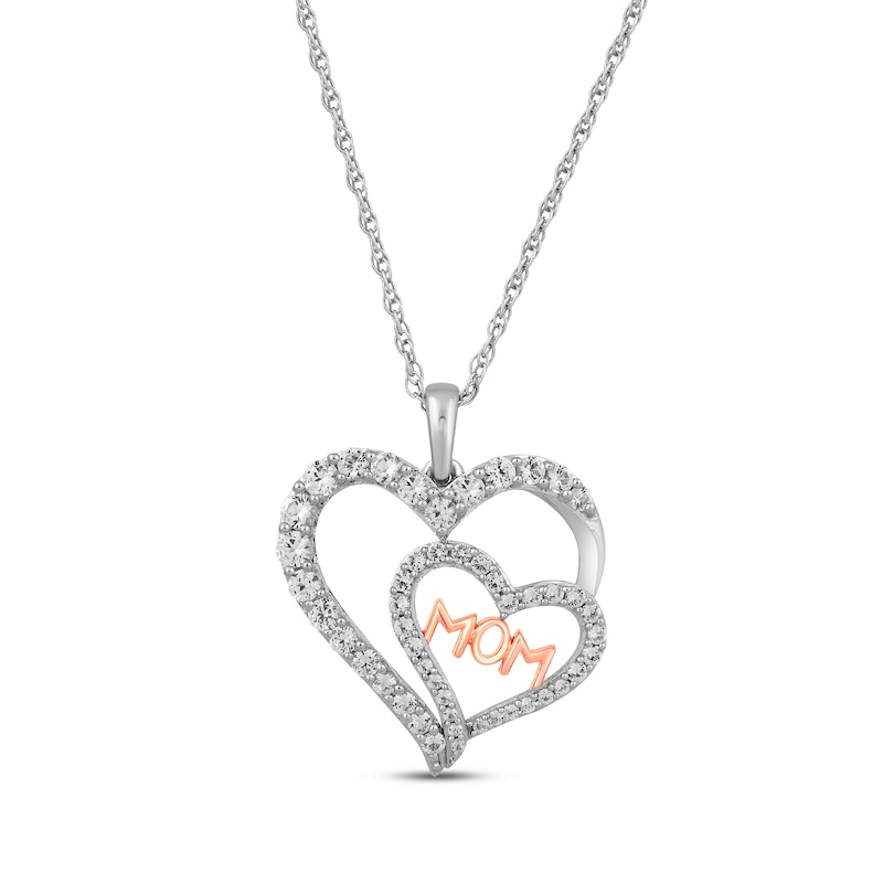 Main Image 1 of White Lab-Created Sapphire "Mom" Double Heart Necklace Sterling Silver & 10K Rose Gold 18"