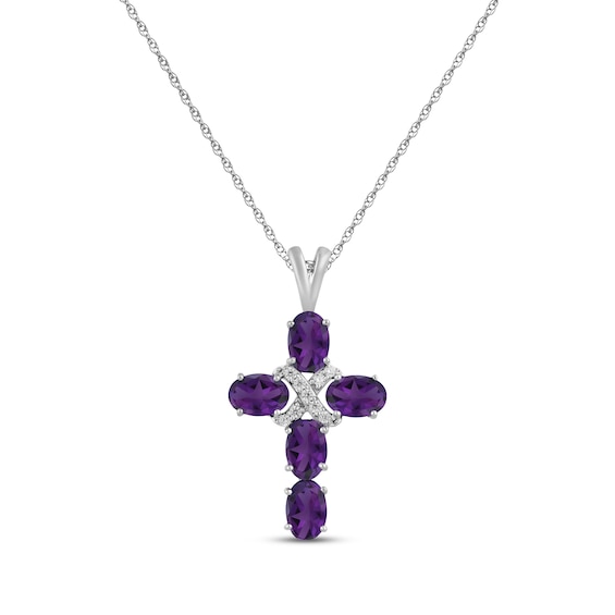 Oval-Cut Amethyst & White Lab-Created Sapphire Cross Necklace Sterling Silver 18"