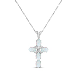 Oval-Cut Lab-Created Opal & White Lab-Created Sapphire Cross Necklace Sterling Silver 18"