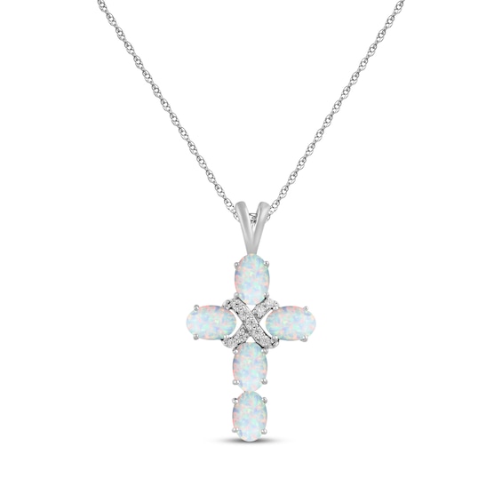 Oval-Cut Lab-Created Opal & White Lab-Created Sapphire Cross Necklace Sterling Silver 18"