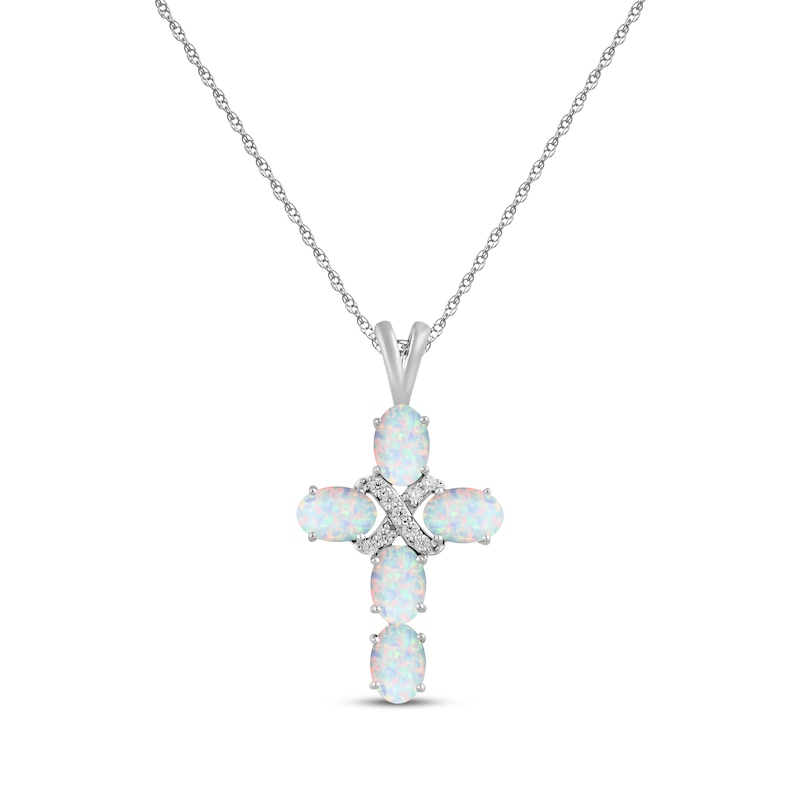 Main Image 1 of Oval-Cut Lab-Created Opal & White Lab-Created Sapphire Cross Necklace Sterling Silver 18"