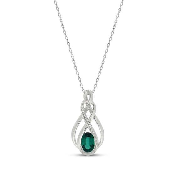Lab-Created Oval-Cut Emerald & White Lab-Created Sapphire Necklace Sterling Silver 18"