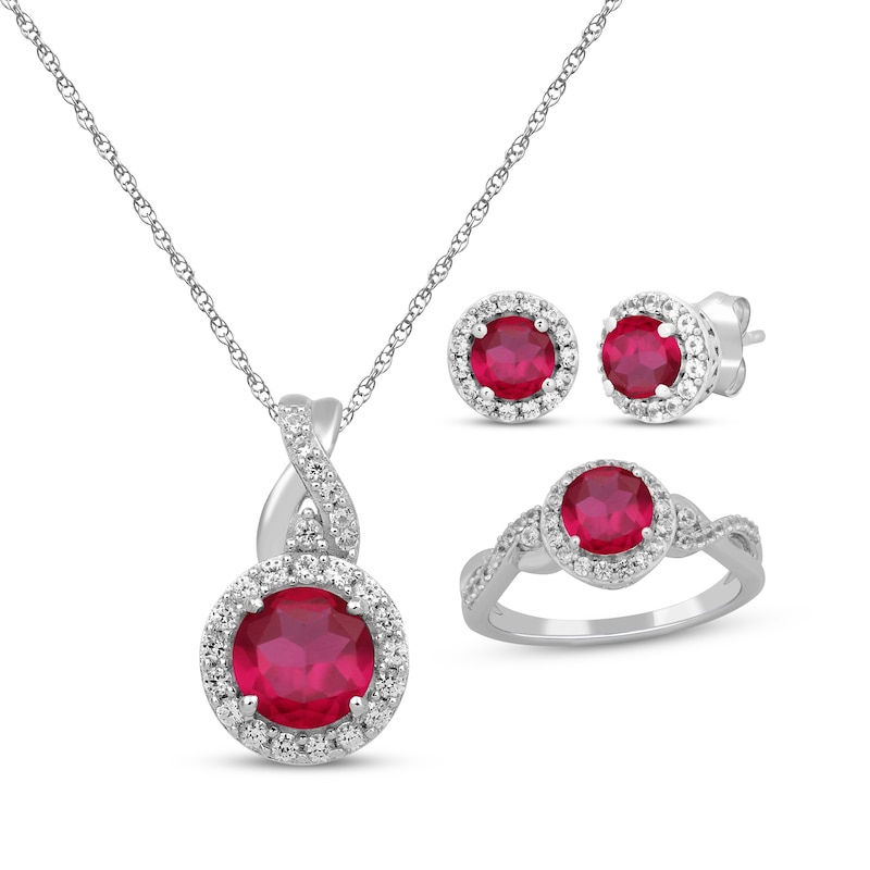 Main Image 1 of Round-Cut Lab-Created Ruby & White Lab-Created Sapphire Gift Set Sterling Silver - Size 7