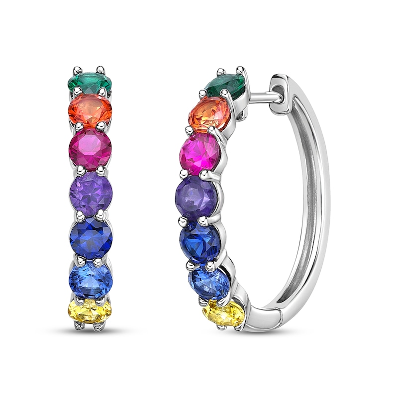 Main Image 1 of Multi Round-Cut Gemstone Hoop Earrings Sterling Silver