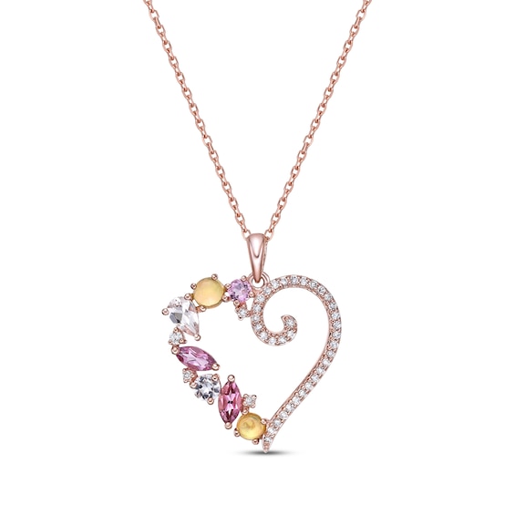 Multi-Gemstone & Diamond Scatter Heart Necklace 1/6 ct tw 10K Rose Gold 18”