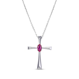 Oval-Cut Lab-Created Ruby Cross Necklace Sterling Silver 18”