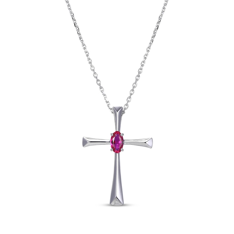 Main Image 1 of Oval-Cut Lab-Created Ruby Cross Necklace Sterling Silver 18”