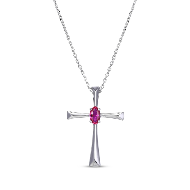 Oval-Cut Lab-Created Ruby Cross Necklace Sterling Silver 18”