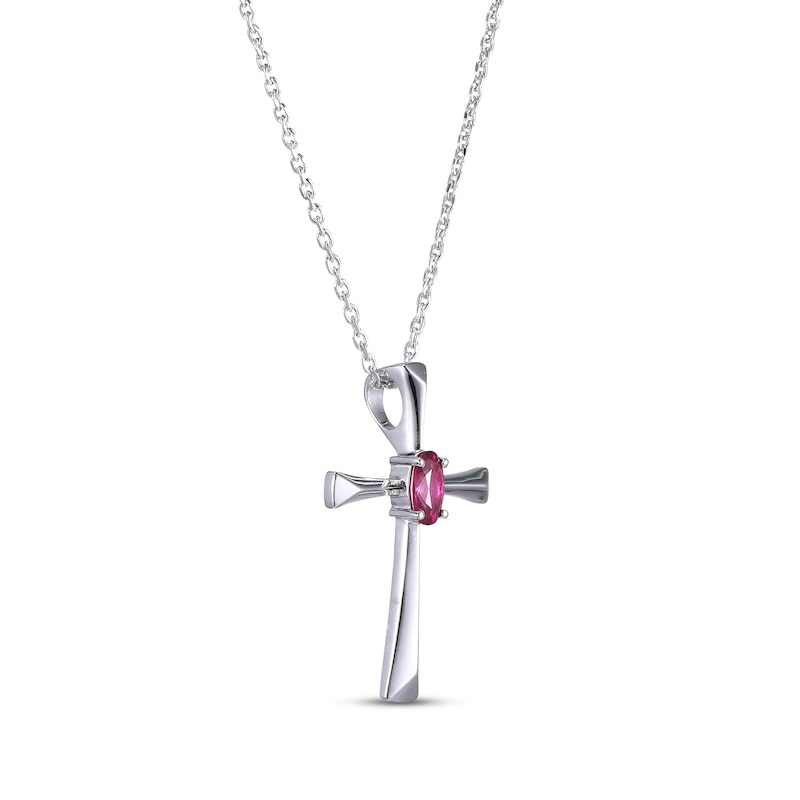 Oval-Cut Lab-Created Ruby Cross Necklace Sterling Silver 18”