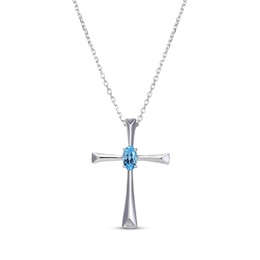 Oval-Cut Swiss Blue Topaz Cross Necklace Sterling Silver 18”