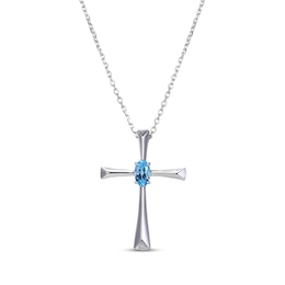 Oval-Cut Swiss Blue Topaz Cross Necklace Sterling Silver 18”