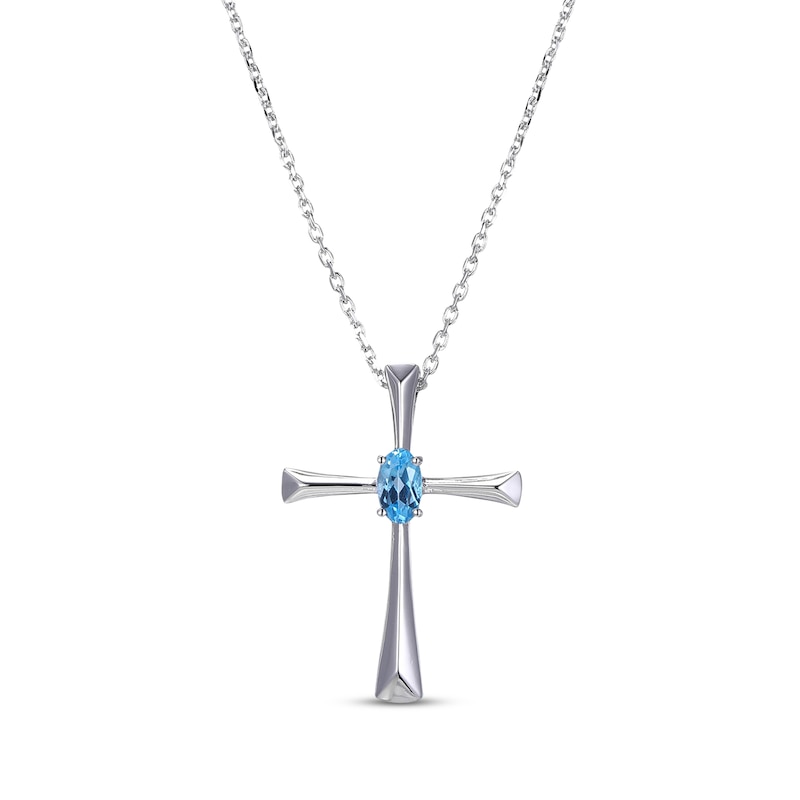 Main Image 1 of Oval-Cut Swiss Blue Topaz Cross Necklace Sterling Silver 18”