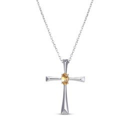 Oval-Cut Citrine Cross Necklace Sterling Silver 18”