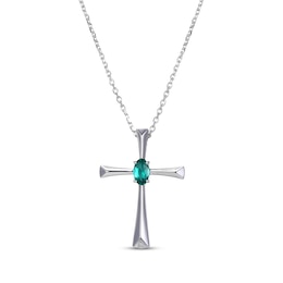 Oval-Cut Lab-Created Emerald Cross Necklace Sterling Silver 18”