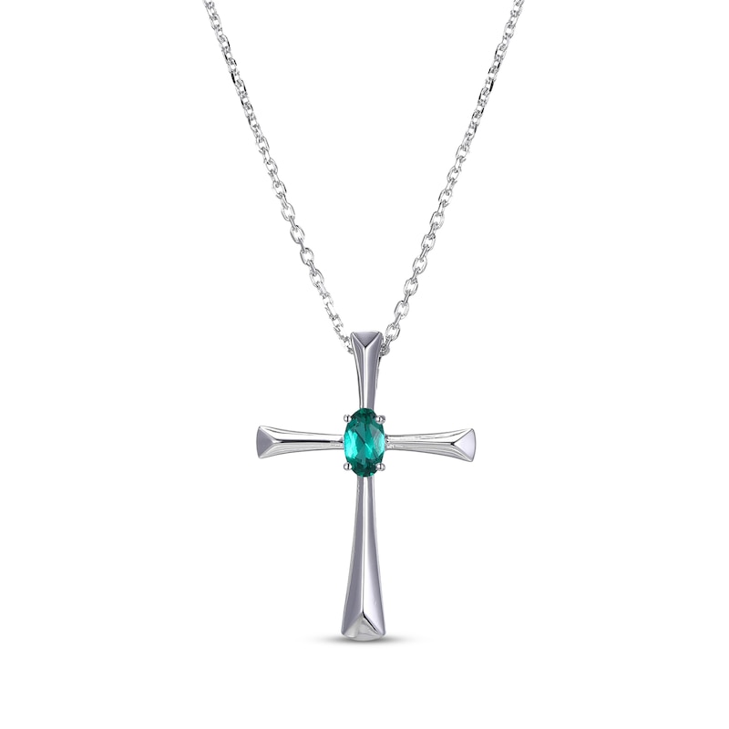 Oval-Cut Lab-Created Emerald Cross Necklace Sterling Silver 18”