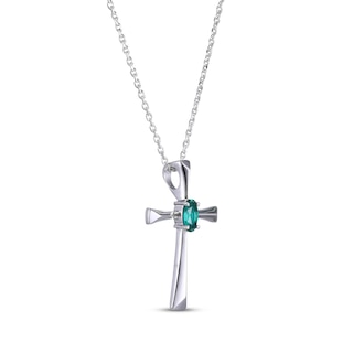 Oval-Cut Lab-Created Emerald Cross Necklace Sterling Silver 18