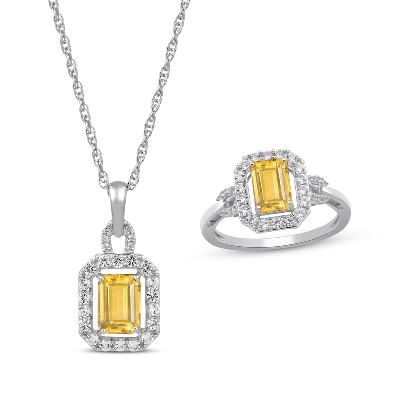 Octagon-Cut Citrine & Lab-Created White Sapphire Necklace & Ring Gift Set Sterling Silver - Size 7