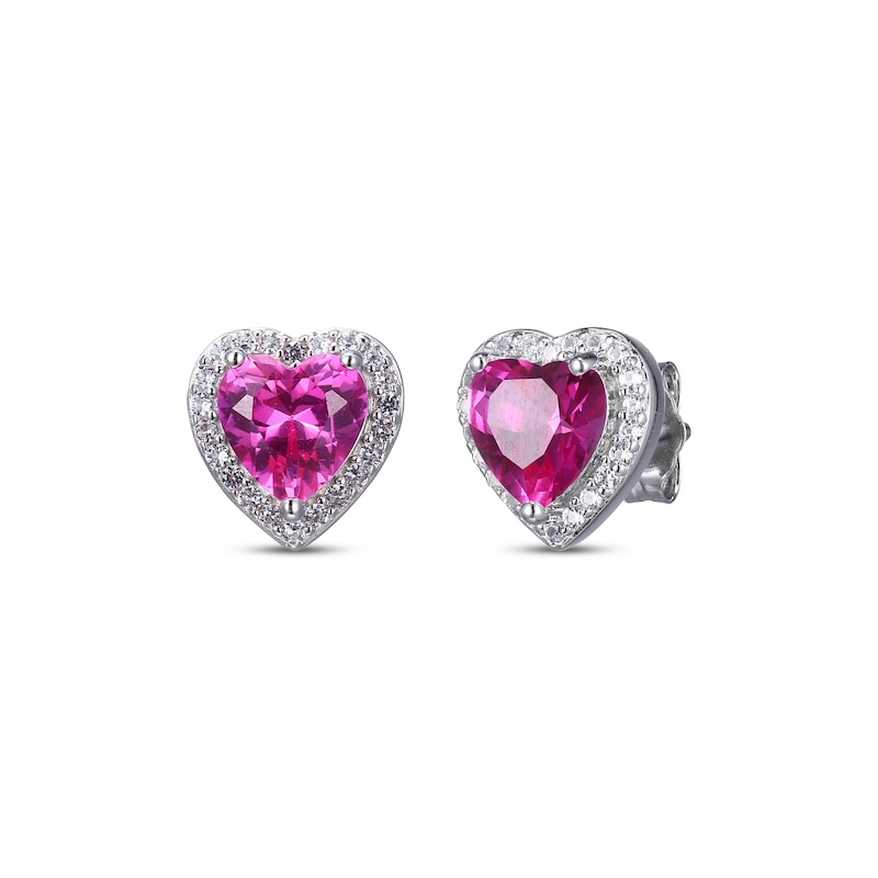Sterling Silver Created Pink Sapphire and Diamond Heart Earrings Sterling Silver Created Pink Sapphire and Diamond Heart Earrings