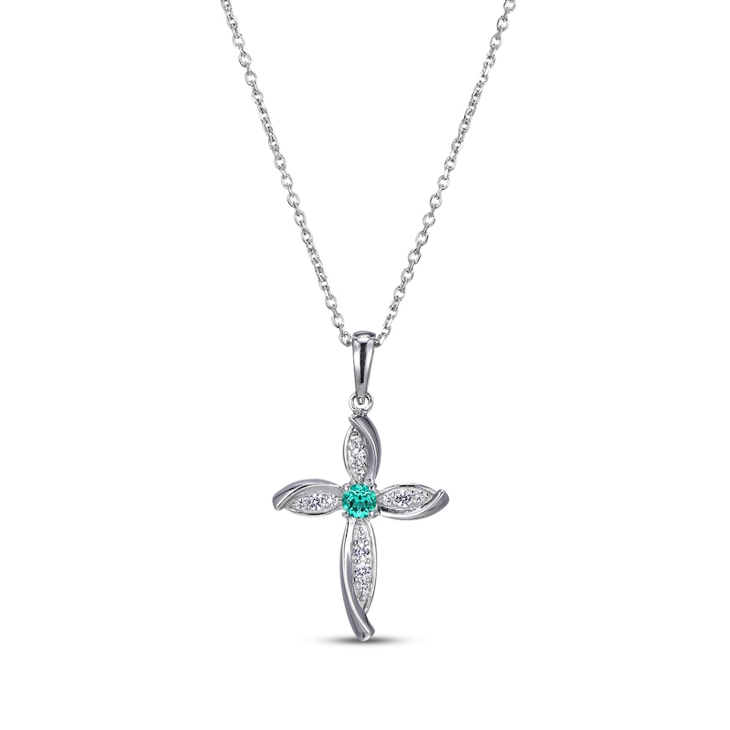 Main Image 1 of Lab-Created Emerald & White Lab-Created Sapphire Cross Necklace Sterling Silver 18”