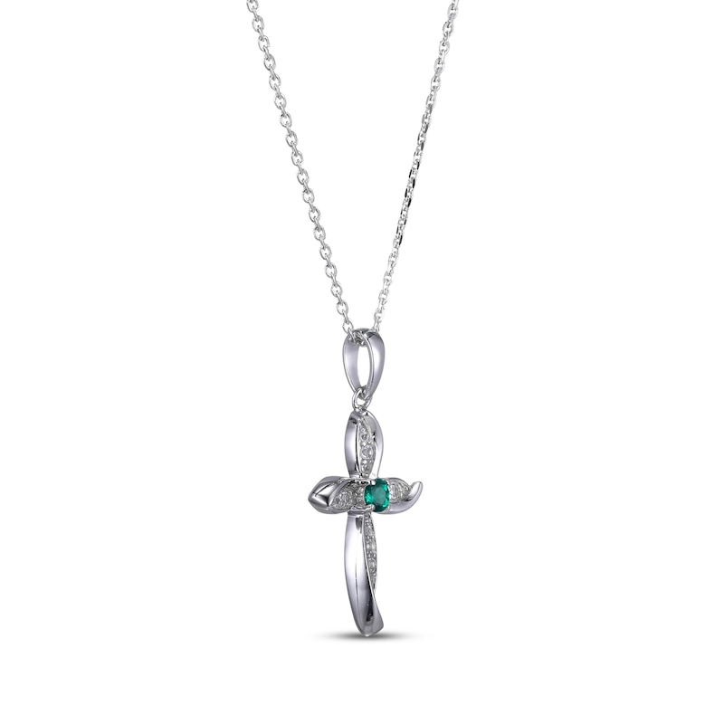Main Image 2 of Lab-Created Emerald & White Lab-Created Sapphire Cross Necklace Sterling Silver 18”