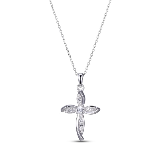 White Lab-Created Sapphire Cross Necklace Sterling Silver 18”