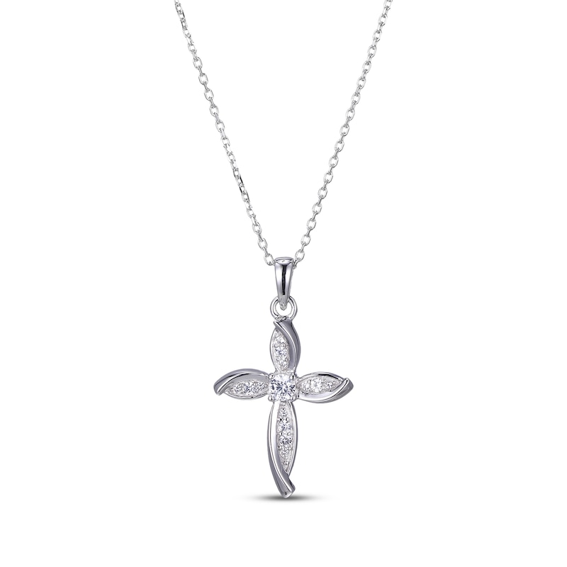 Main Image 1 of White Lab-Created Sapphire Cross Necklace Sterling Silver 18”