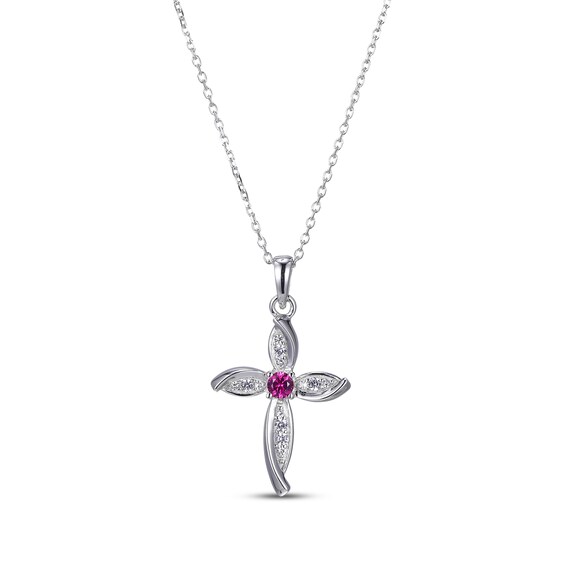 Lab-Created Ruby & White Lab-Created Sapphire Cross Necklace Sterling Silver 18”