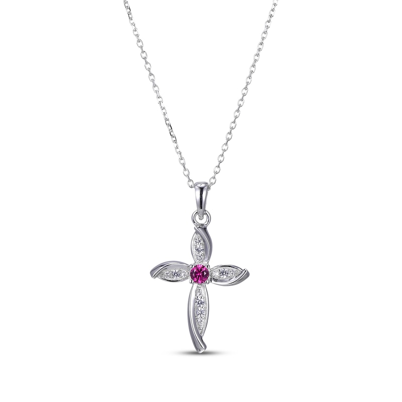 Main Image 1 of Lab-Created Ruby & White Lab-Created Sapphire Cross Necklace Sterling Silver 18”