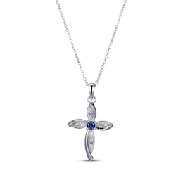 Blue & White Lab-Created Sapphire Cross Necklace Sterling Silver 18”