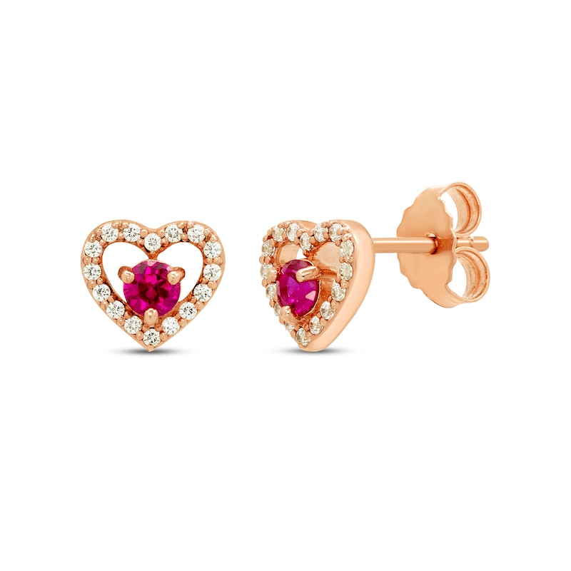 Main Image 1 of Round-Cut Lab-Created Ruby & Diamond Heart Stud Earrings 1/6 ct tw 10K Rose Gold