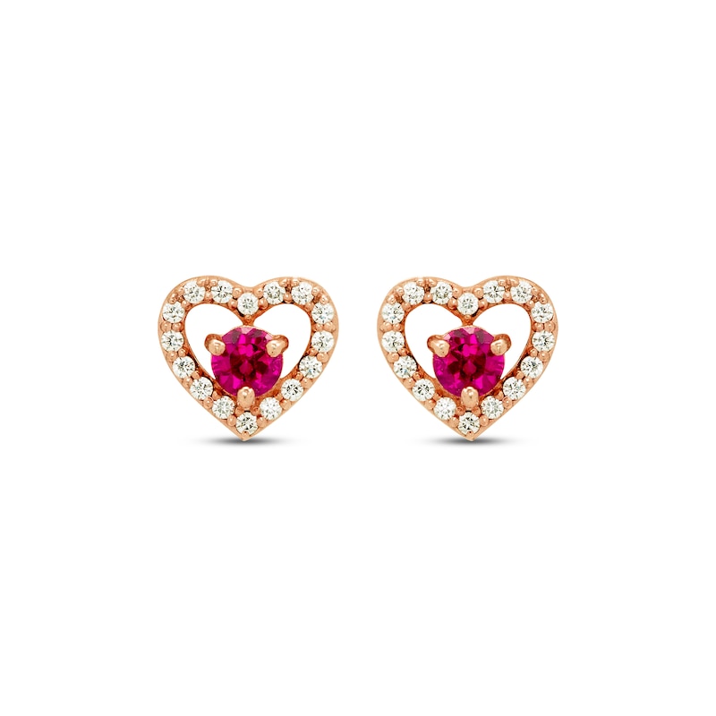 Main Image 2 of Round-Cut Lab-Created Ruby & Diamond Heart Stud Earrings 1/6 ct tw 10K Rose Gold