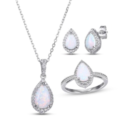 Pear-Shaped Lab-Created Opal & Round-Cut White Lab-Created Sapphire Stud Earrings, Necklace & Ring Gift Set Sterling Silver 18&quot;