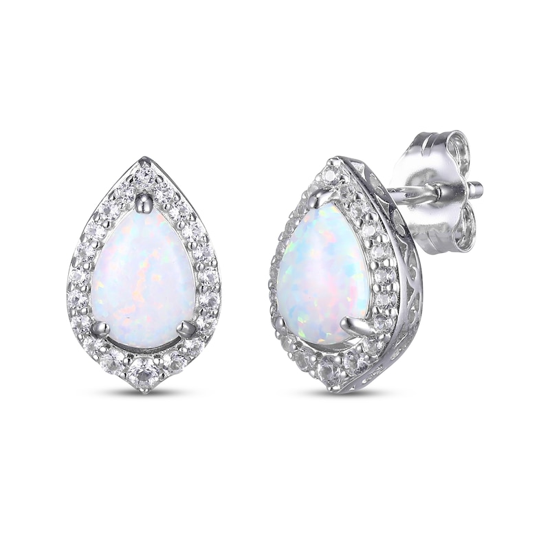 Pear-Shaped Lab-Created Opal & Round-Cut White Lab-Created Sapphire Stud Earrings, Necklace & Ring Gift Set Sterling Silver 18" - Size 7