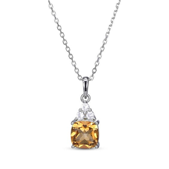 Sterling Silver Cushion Cut Citrine & Diamond Pendant 18