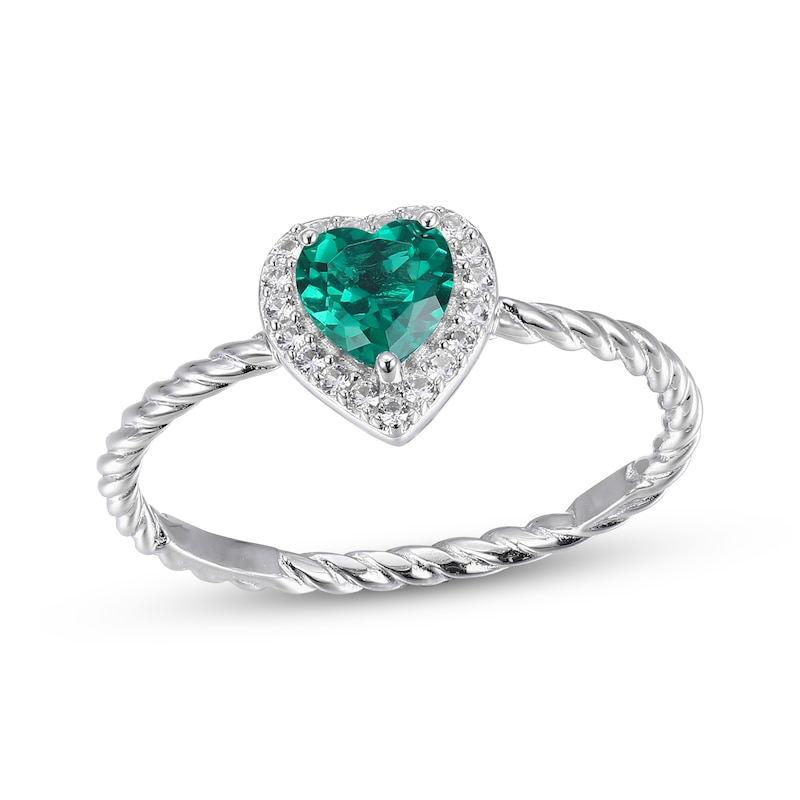 Main Image 1 of Heart-Shaped Lab-Created Emerald & Round-Cut White Lab-Created Sapphire Heart Ring Sterling Silver